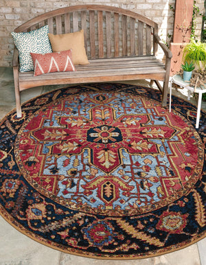 Rust Red and Blue 10' x 10' Outdoor Traditional Round Area Rug Weather Resistant for Patio, Deck, Terrace, Balcony, Porch Classical Design Outside Carpet for Sale at Rug Engine