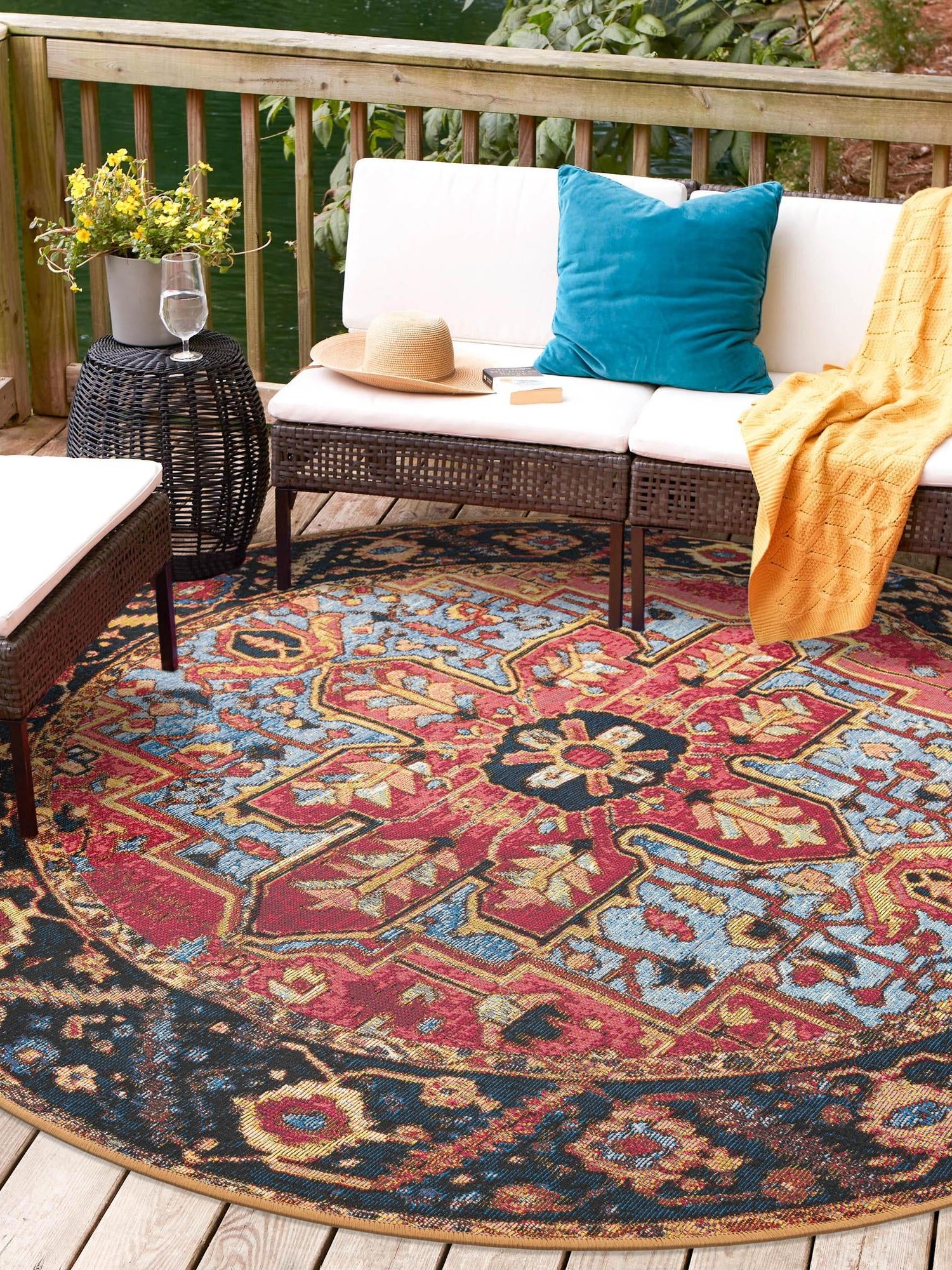 Rust Red and Blue 10' x 10' Outdoor Traditional Round Area Rug Weather Resistant for Patio, Deck, Terrace, Balcony, Porch Classical Design Outside Carpet for Sale at Rug Engine