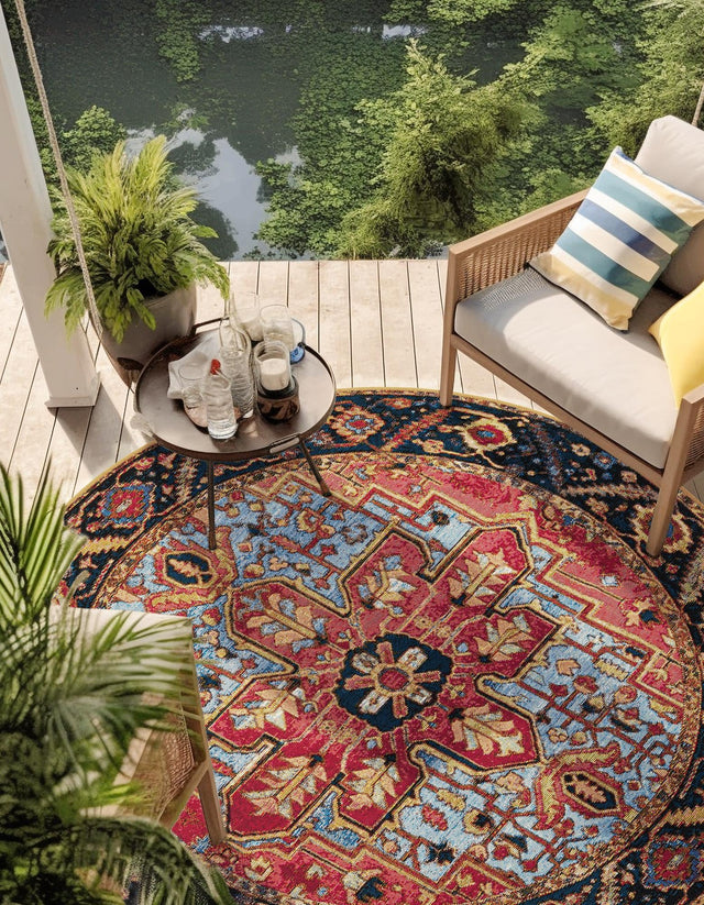 Rust Red and Blue 7' 10 x 7' 10 Outdoor Traditional Round Area Rug Weather Resistant for Patio, Deck, Terrace, Balcony, Porch Classical Design Outside Carpet for Sale at Rug Engine