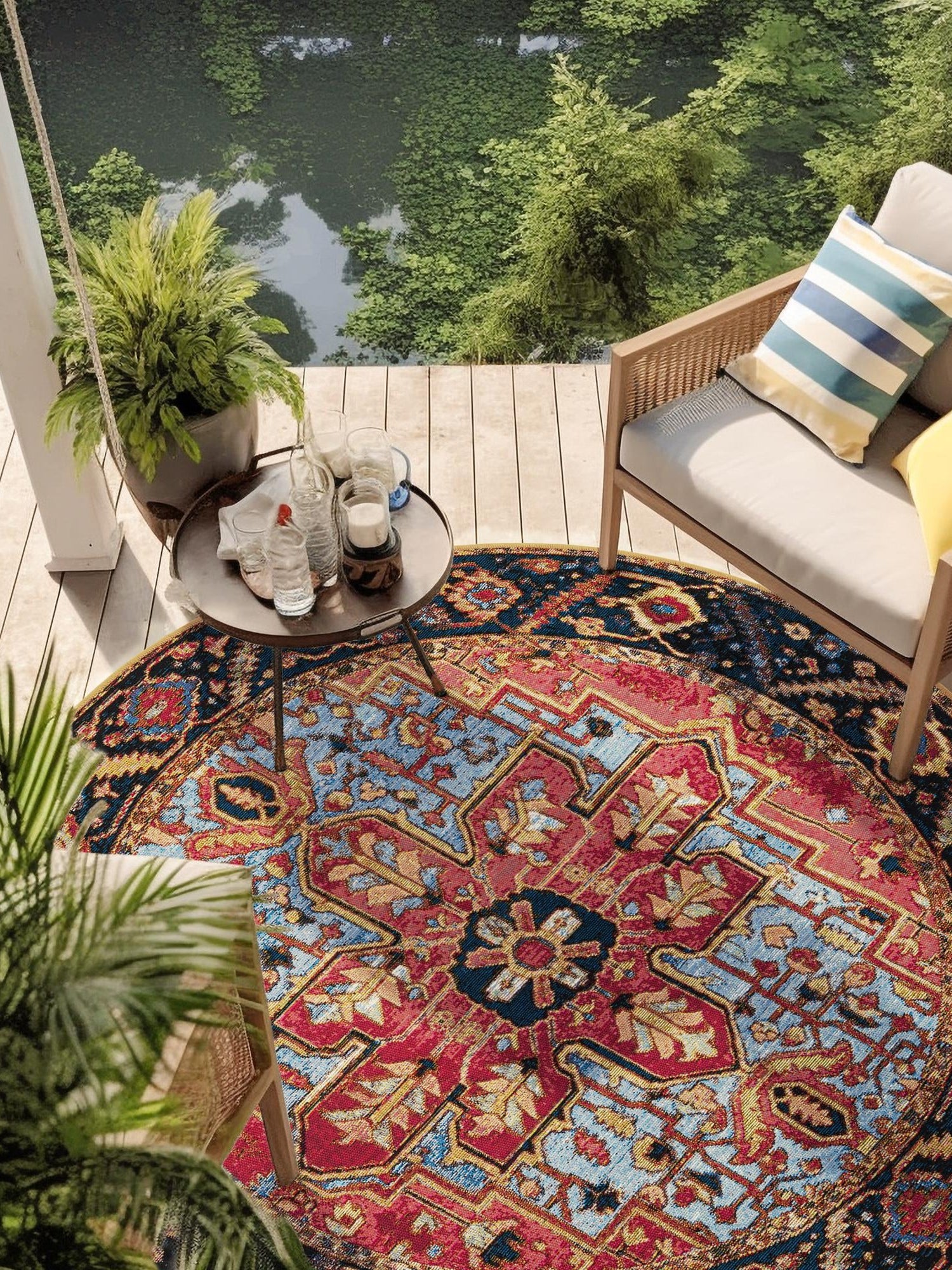 Rust Red and Blue 10' x 10' Outdoor Traditional Round Area Rug Weather Resistant for Patio, Deck, Terrace, Balcony, Porch Classical Design Outside Carpet for Sale at Rug Engine