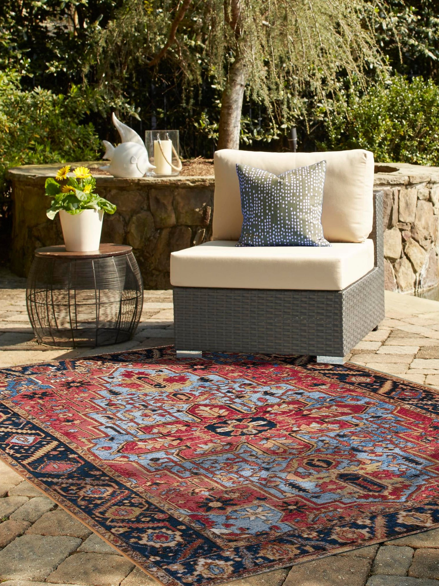 Rust Red and Blue 4' 1 x 6' 1 Outdoor Traditional Rectangle Area Rug Weather Resistant for Patio, Deck, Terrace, Balcony, Porch Classical Design Outside Carpet for Sale at Rug Engine