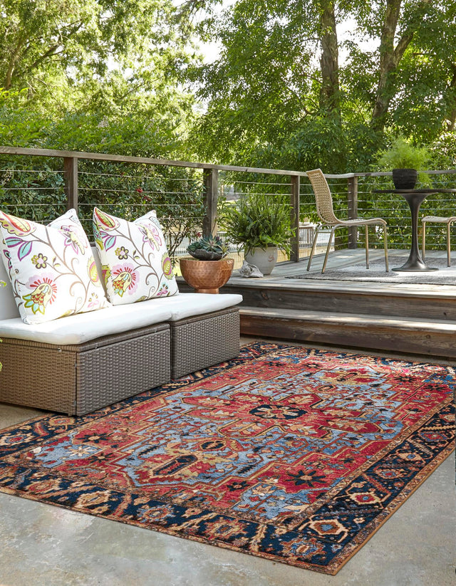 Rust Red and Blue 4' 1 x 6' 1 Outdoor Traditional Rectangle Rug