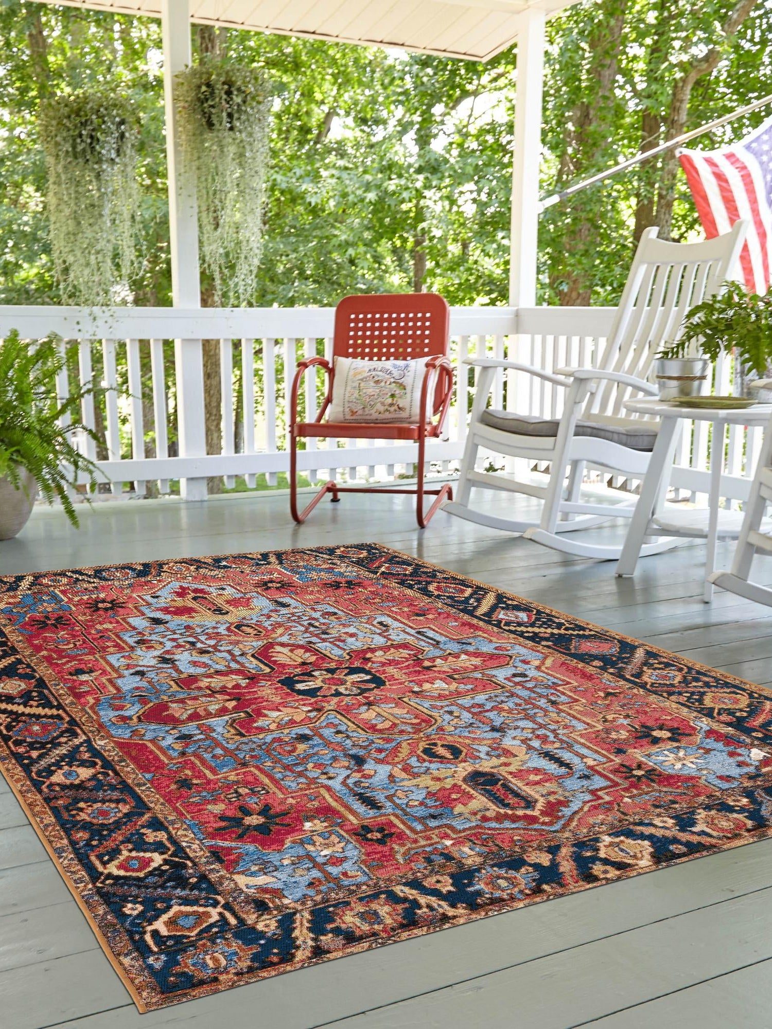 Rust Red and Blue 4' 1 x 6' 1 Outdoor Traditional Rectangle Area Rug Weather Resistant for Patio, Deck, Terrace, Balcony, Porch Classical Design Outside Carpet for Sale at Rug Engine