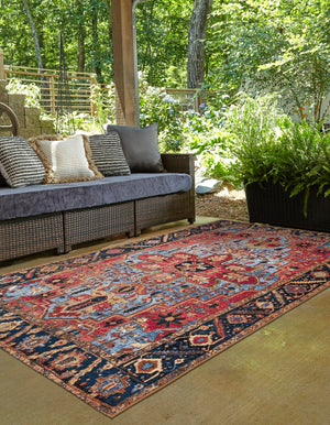 Rust Red and Blue 9' x 12' Outdoor Traditional Rectangle Area Rug Weather Resistant for Patio, Deck, Terrace, Balcony, Porch Classical Design Outside Carpet for Sale at Rug Engine