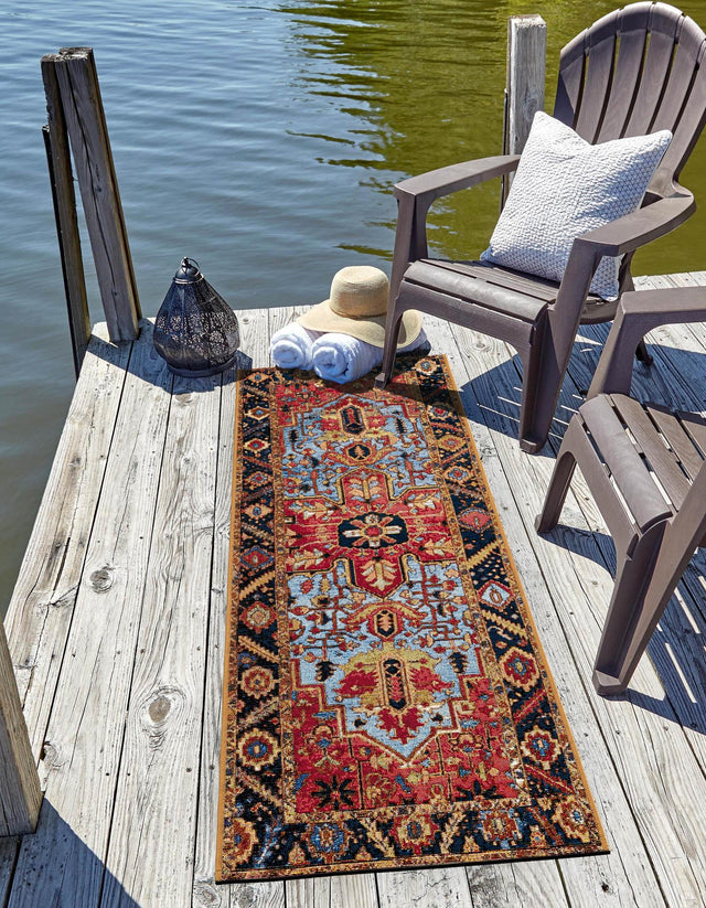 Rust Red and Blue 2' x 8' Outdoor Traditional Runner Area Rug Weather Resistant for Patio, Deck, Terrace, Balcony, Porch Classical Design Outside Carpet for Sale at Rug Engine