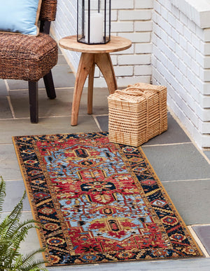 Rust Red and Blue 2' x 8' Outdoor Traditional Runner Area Rug Weather Resistant for Patio, Deck, Terrace, Balcony, Porch Classical Design Outside Carpet for Sale at Rug Engine