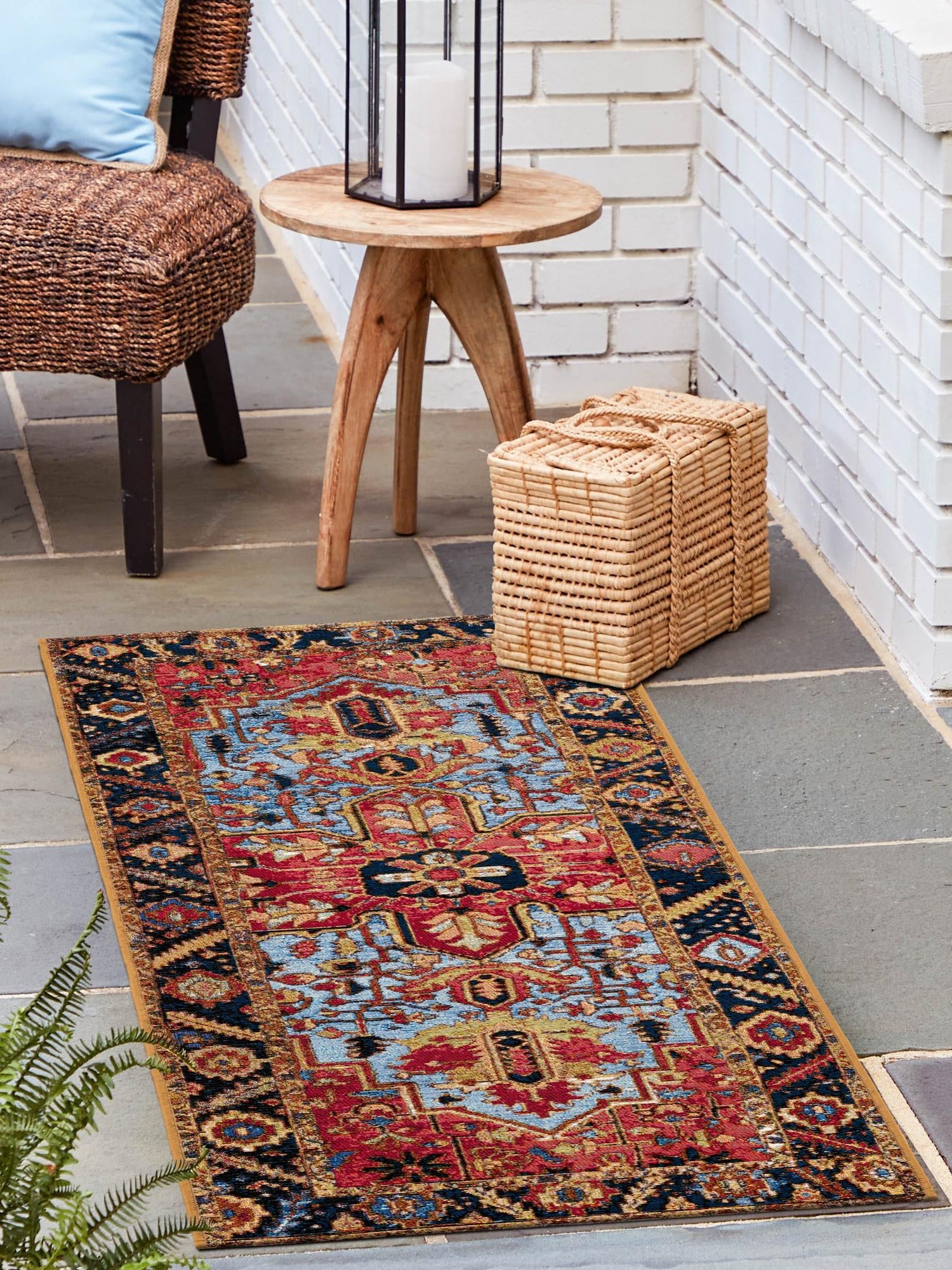 Rust Red and Blue 2' x 6' 1 Outdoor Traditional Runner Area Rug Weather Resistant for Patio, Deck, Terrace, Balcony, Porch Classical Design Outside Carpet for Sale at Rug Engine