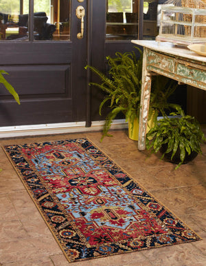 Rust Red and Blue 2' 7 x 12' Outdoor Traditional Runner Area Rug Weather Resistant for Patio, Deck, Terrace, Balcony, Porch Classical Design Outside Carpet for Sale at Rug Engine