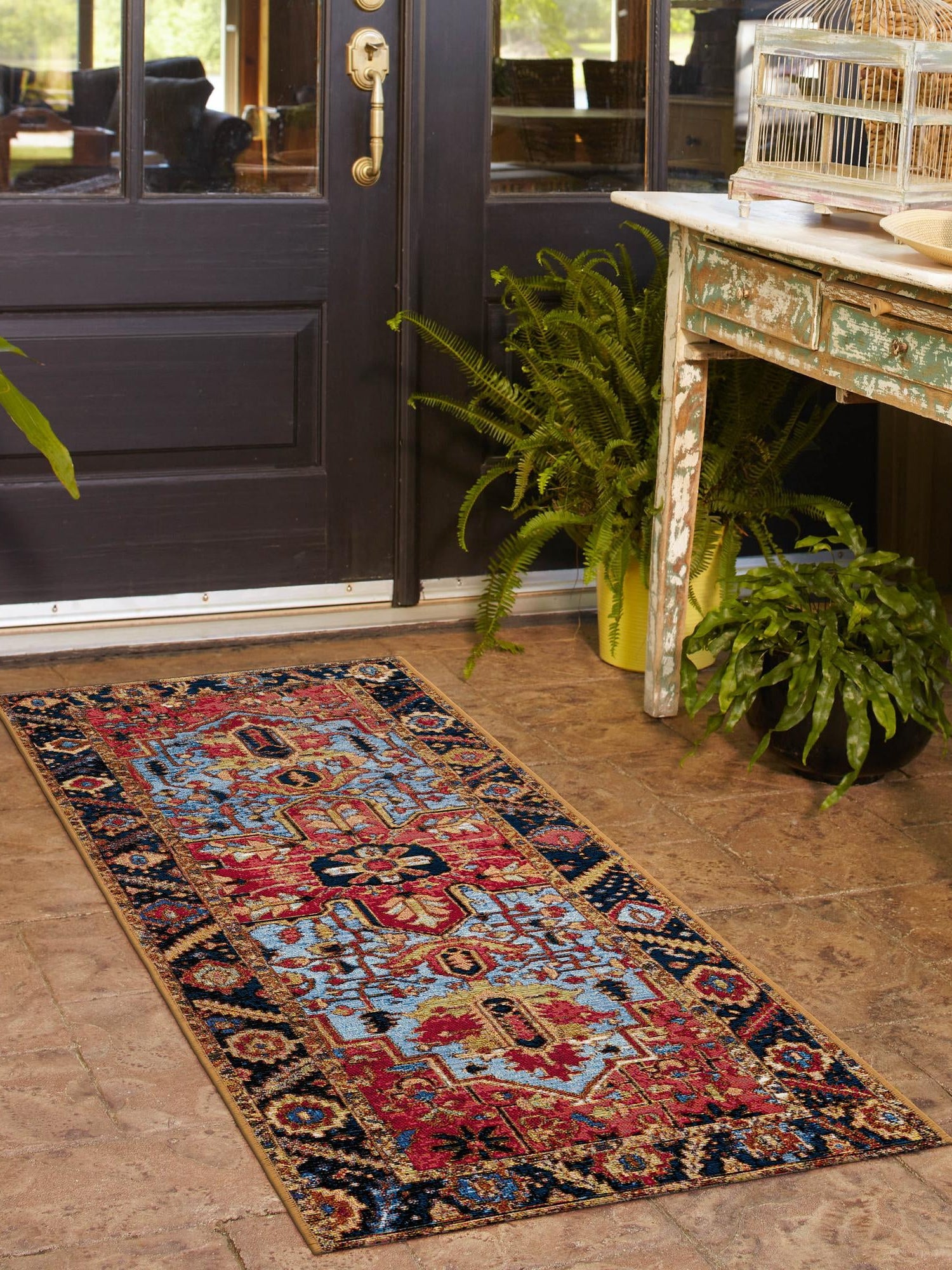 Rust Red and Blue 2' x 8' Outdoor Traditional Runner Area Rug Weather Resistant for Patio, Deck, Terrace, Balcony, Porch Classical Design Outside Carpet for Sale at Rug Engine