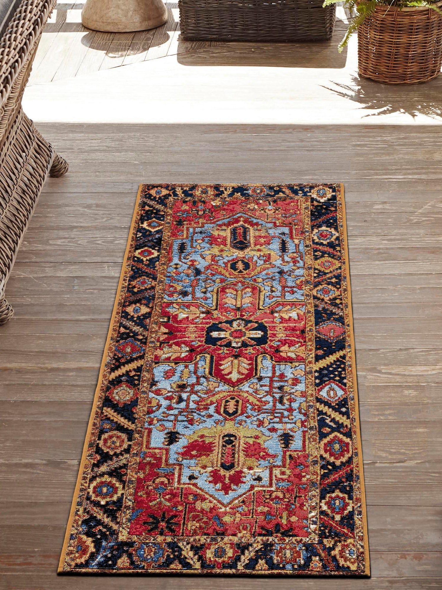 Rust Red and Blue 2' x 5' 1 Outdoor Traditional Runner Area Rug Weather Resistant for Patio, Deck, Terrace, Balcony, Porch Classical Design Outside Carpet for Sale at Rug Engine