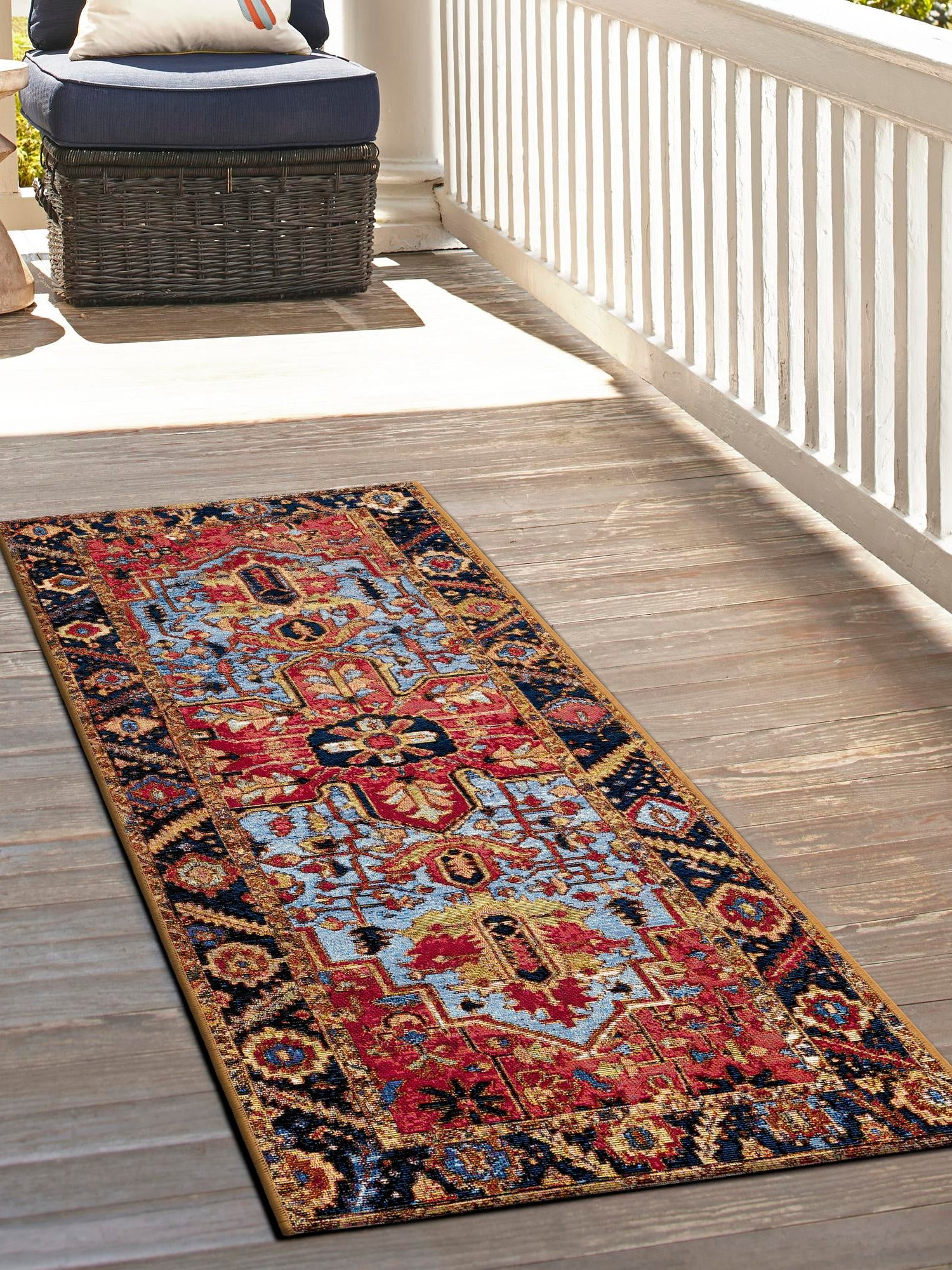 Rust Red and Blue 2' x 8' Outdoor Traditional Runner Area Rug Weather Resistant for Patio, Deck, Terrace, Balcony, Porch Classical Design Outside Carpet for Sale at Rug Engine