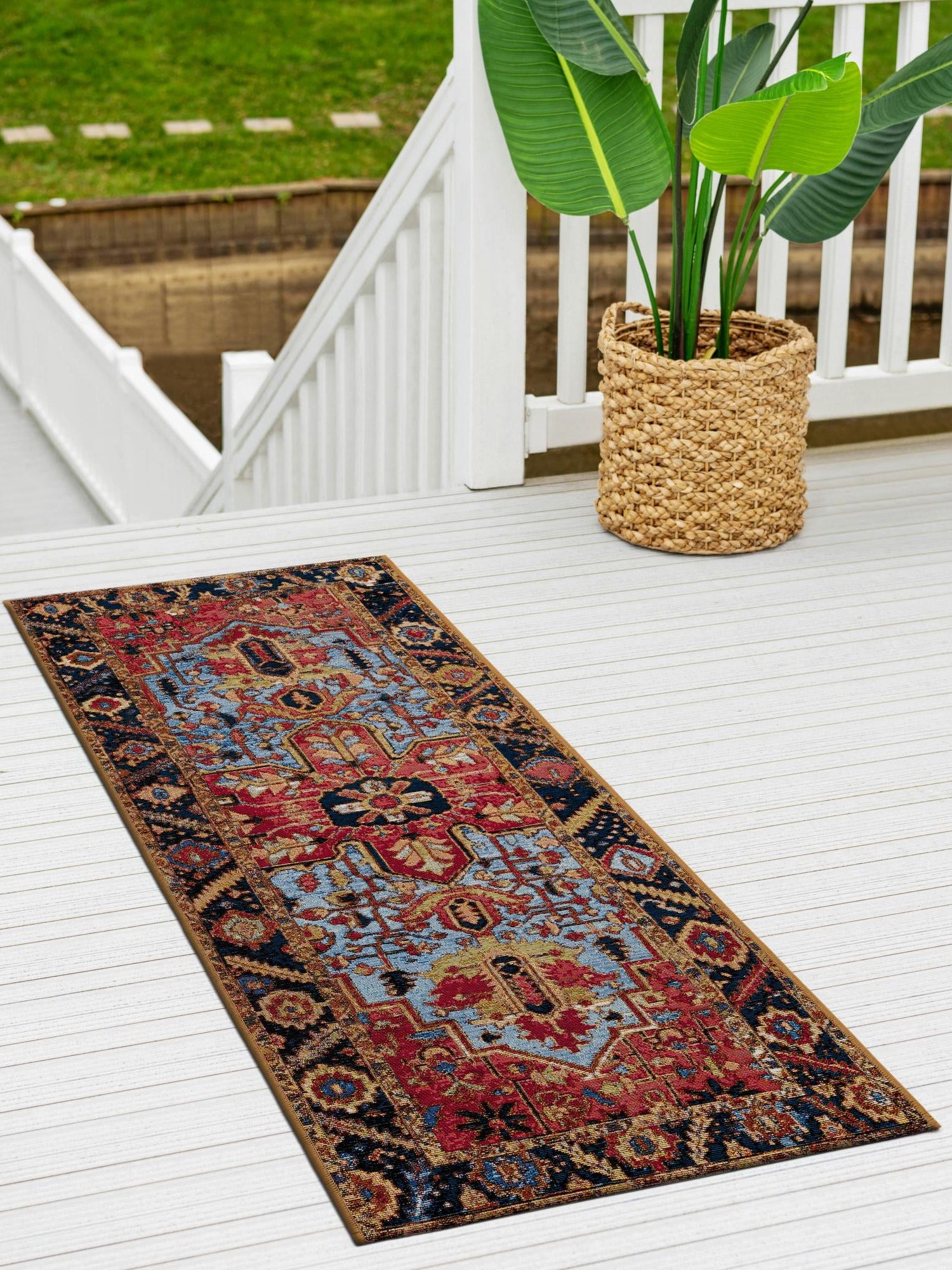 Rust Red and Blue 2' x 6' 1 Outdoor Traditional Runner Area Rug Weather Resistant for Patio, Deck, Terrace, Balcony, Porch Classical Design Outside Carpet for Sale at Rug Engine