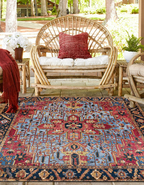 Rust Red and Blue 7' 10 x 7' 10 Outdoor Traditional Square Area Rug Weather Resistant for Patio, Deck, Terrace, Balcony, Porch