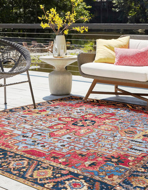 Rust Red and Blue 7' 10 x 7' 10 Outdoor Traditional Square Area Rug Weather Resistant for Patio, Deck, Terrace, Balcony, Porch