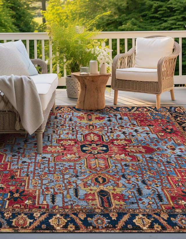 Rust Red and Blue 7' 10 x 7' 10 Outdoor Traditional Square Area Rug Weather Resistant for Patio, Deck, Terrace, Balcony, Porch
