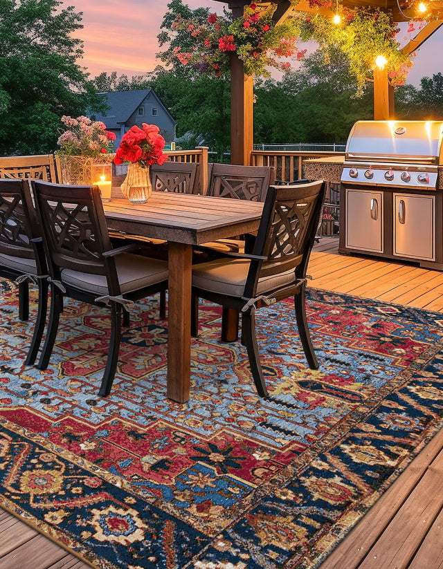 Rust Red and Blue 7' 10 x 7' 10 Outdoor Traditional Square Area Rug Weather Resistant for Patio, Deck, Terrace, Balcony, Porch