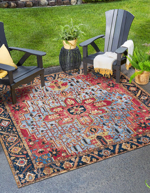 Rust Red and Blue 7' 10 x 7' 10 Outdoor Traditional Square Area Rug Weather Resistant for Patio, Deck, Terrace, Balcony, Porch