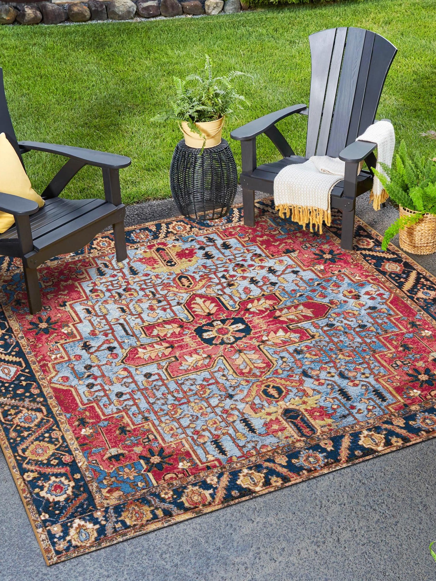 Rust Red and Blue 10' x 10' Outdoor Traditional Square Area Rug Weather Resistant for Patio, Deck, Terrace, Balcony, Porch Classical Design Outside Carpet for Sale at Rug Engine