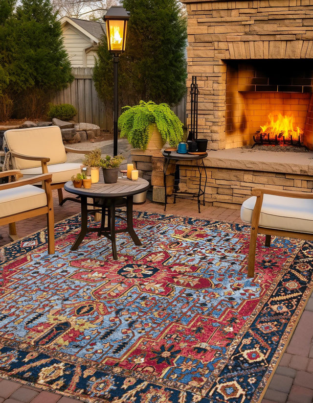 Rust Red and Blue 7' 10 x 7' 10 Outdoor Traditional Square Area Rug Weather Resistant for Patio, Deck, Terrace, Balcony, Porch