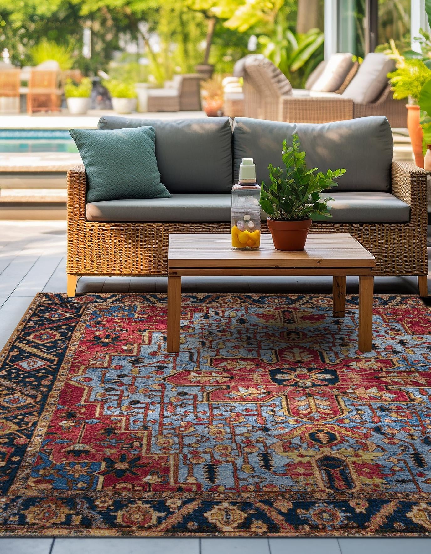 Rust Red and Blue 10' x 10' Outdoor Traditional Square Area Rug Weather Resistant for Patio, Deck, Terrace, Balcony, Porch Classical Design Outside Carpet for Sale at Rug Engine