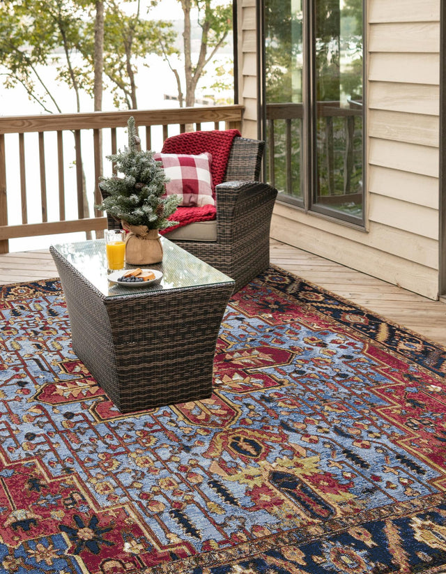 Rust Red and Blue 7' 10 x 7' 10 Outdoor Traditional Square Area Rug Weather Resistant for Patio, Deck, Terrace, Balcony, Porch