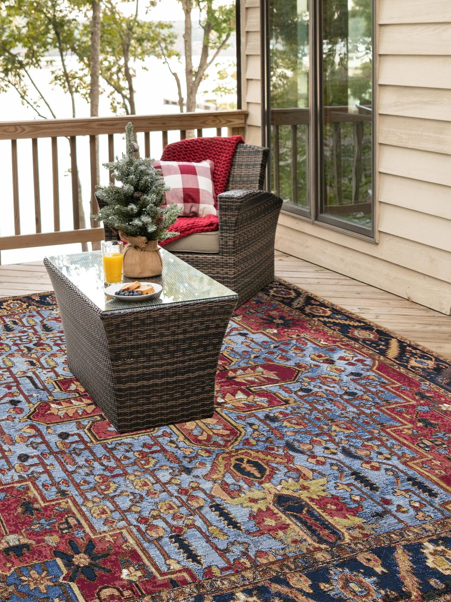 Rust Red and Blue 10' x 10' Outdoor Traditional Square Area Rug Weather Resistant for Patio, Deck, Terrace, Balcony, Porch Classical Design Outside Carpet for Sale at Rug Engine