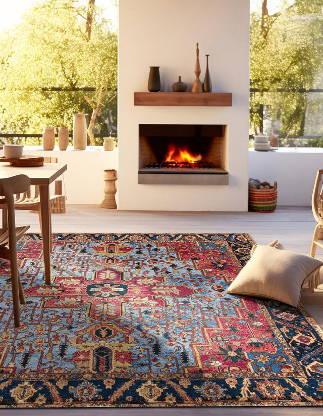 Rust Red and Blue 7' 10 x 7' 10 Outdoor Traditional Square Area Rug Weather Resistant for Patio, Deck, Terrace, Balcony, Porch