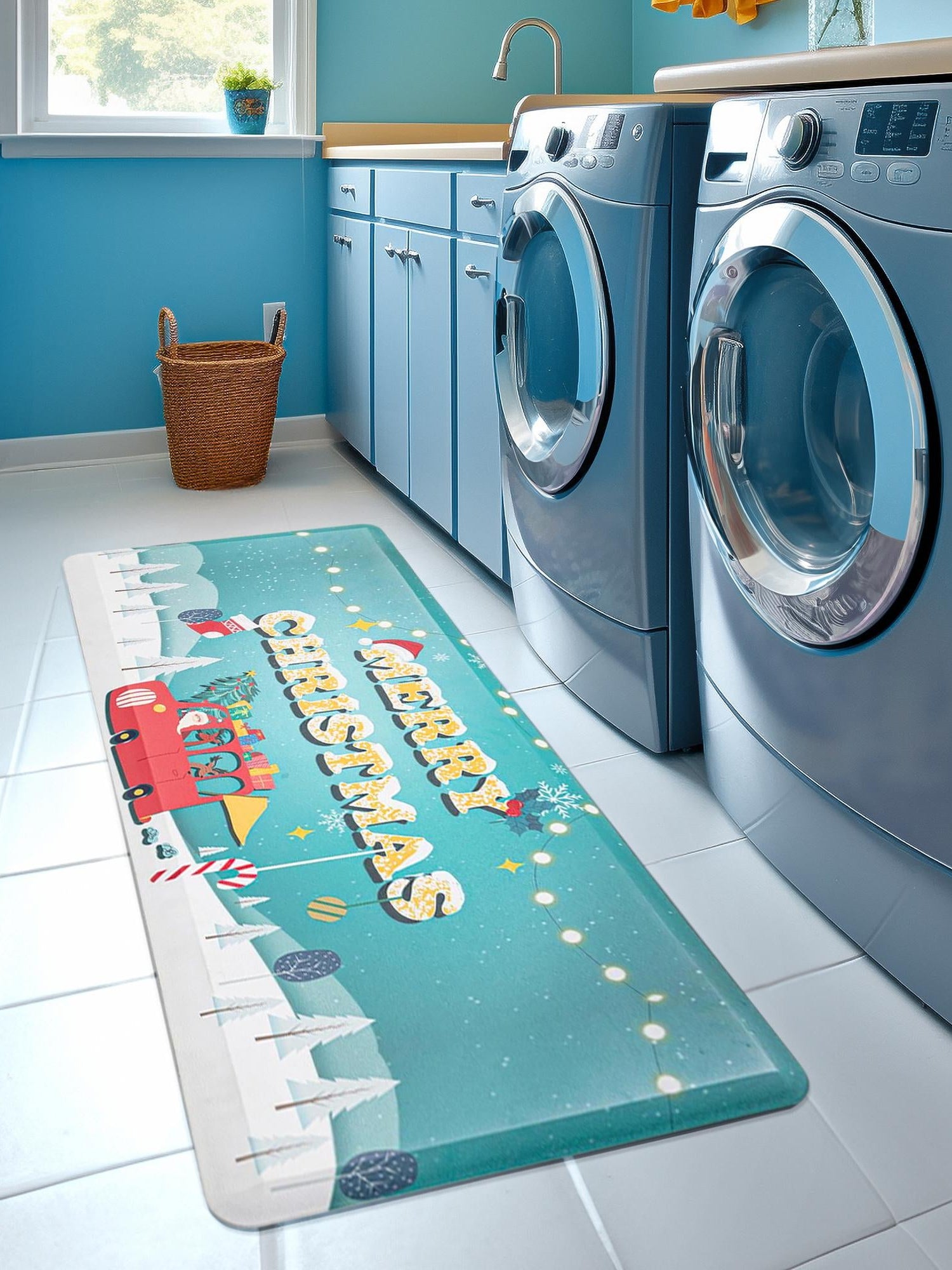 Seasonal Festive Anti-Fatigue Blue 2' x 3' Comfort Standing Mat  for Kitchen, Bath, Laundry Room, Office Colorful PVC Durable Non-Slip Water Resistant Spill Proof Rug Thick Rubber for Sale at Rug Engine