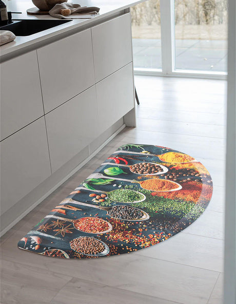 Anti-Fatigue Multicolor 2' x 3' Comfort Standing Mat Hearth Half-Round Semicircle Area Rug for Kitchen, Bath, Laundry Room, Office Colorful PVC Durable Non-Slip Water Resistant Spill Proof Rug Thick Rubber for Sale at Rug Engine