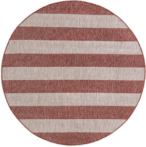 Rust Red 6' 1 x 6' 1 Outdoor Striped Round Area Rug Weather Resistant for Patio, Deck, Terrace, Balcony, Porch Geometric Pattern Waterproof Carpet for Sale at Rug Engine