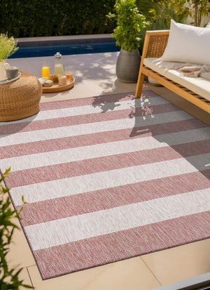 Rust Red 6' 1 x 6' 1 Outdoor Striped Square Area Rug Weather Resistant for Patio, Deck, Terrace, Balcony, Porch Geometric Pattern Waterproof Carpet for Sale at Rug Engine