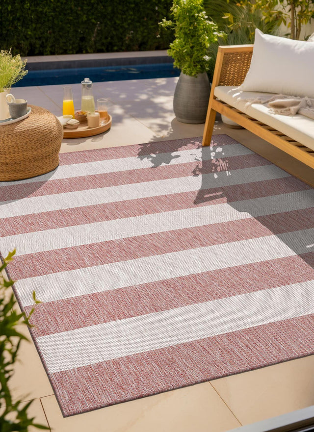 Rust Red 10' x 10' Outdoor Striped Square Area Rug Weather Resistant for Patio, Deck, Terrace, Balcony, Porch Geometric Pattern Waterproof Carpet for Sale at Rug Engine