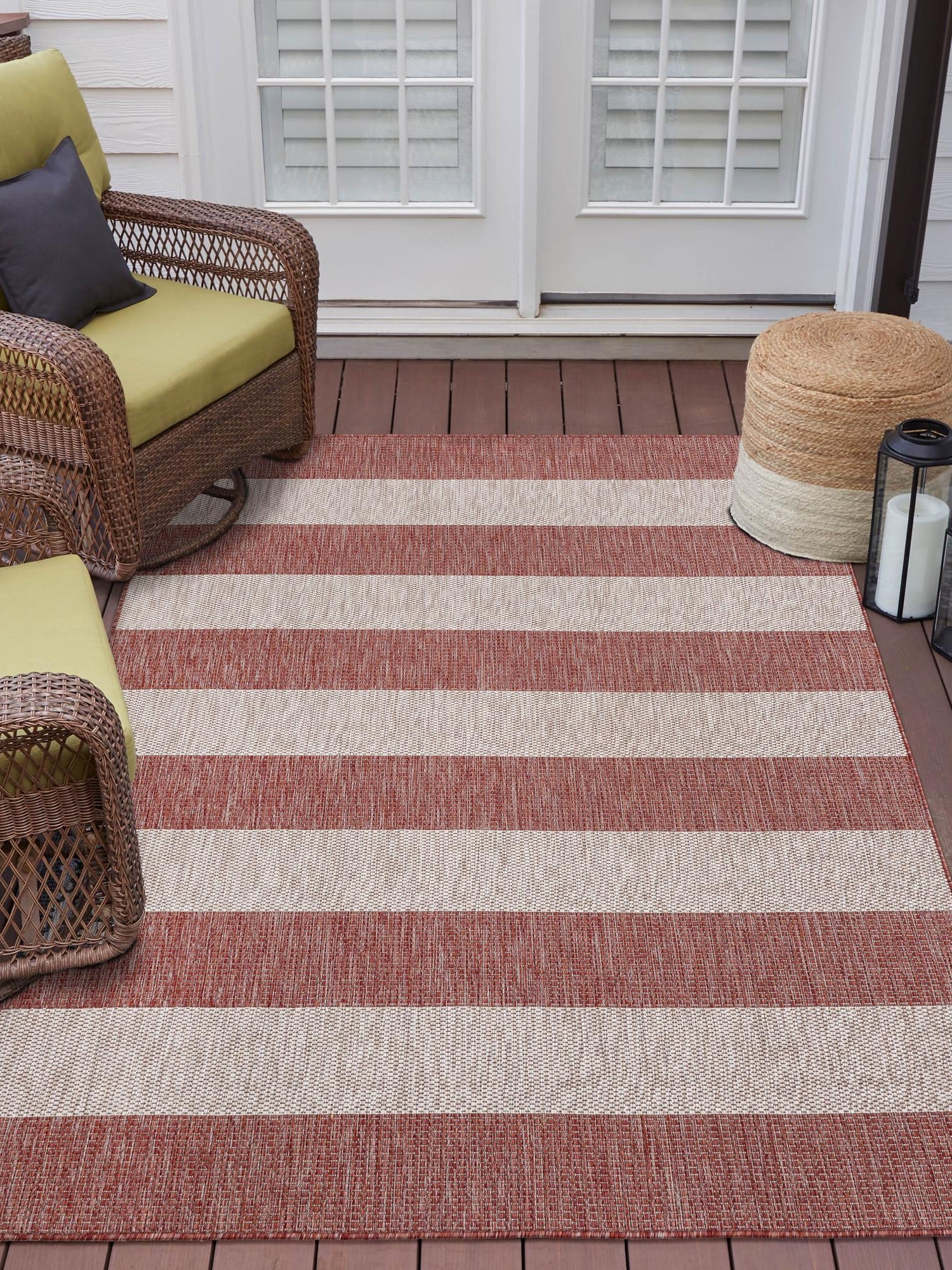 Rust Red 5' 3 x 5' 3 Outdoor Striped Square Area Rug Weather Resistant for Patio, Deck, Terrace, Balcony, Porch Geometric Pattern Waterproof Carpet for Sale at Rug Engine