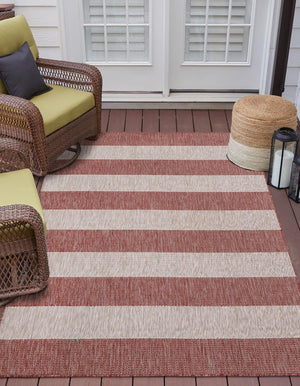 Rust Red 5' 3 x 5' 3 Outdoor Striped Square Area Rug Weather Resistant for Patio, Deck, Terrace, Balcony, Porch Geometric Pattern Waterproof Carpet for Sale at Rug Engine