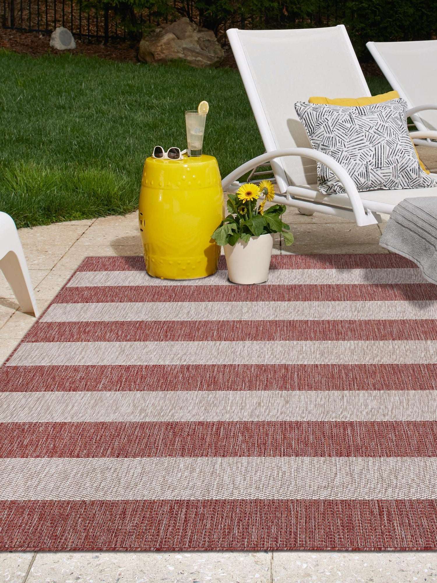 Rust Red 5' 3 x 5' 3 Outdoor Striped Square Area Rug Weather Resistant for Patio, Deck, Terrace, Balcony, Porch Geometric Pattern Waterproof Carpet for Sale at Rug Engine