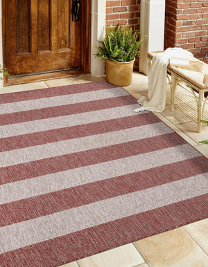 Rust Red 12' x 12' Outdoor Striped Square Area Rug Weather Resistant for Patio, Deck, Terrace, Balcony, Porch Geometric Pattern Waterproof Carpet for Sale at Rug Engine