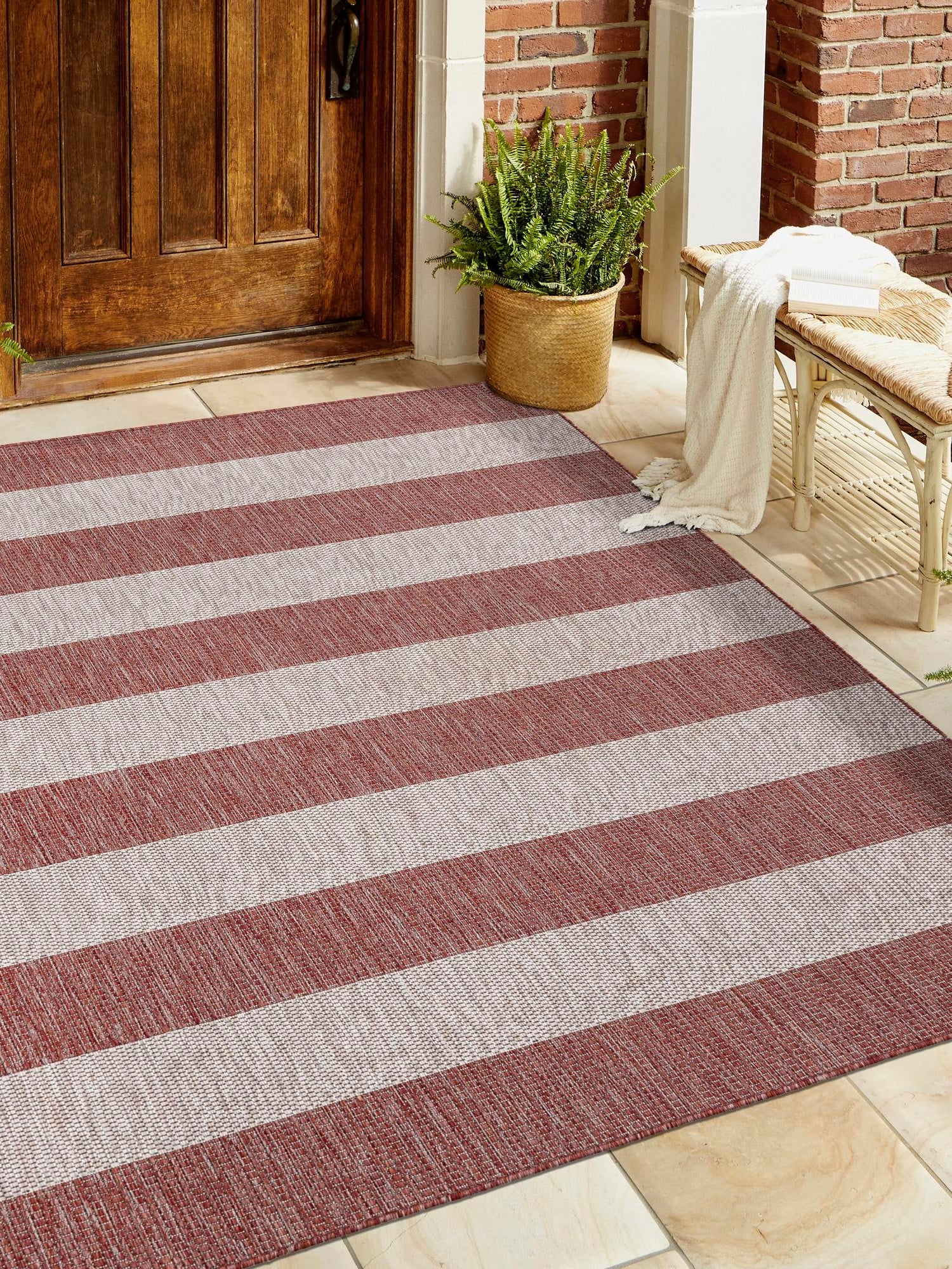 Rust Red 5' 3 x 5' 3 Outdoor Striped Square Area Rug Weather Resistant for Patio, Deck, Terrace, Balcony, Porch Geometric Pattern Waterproof Carpet for Sale at Rug Engine