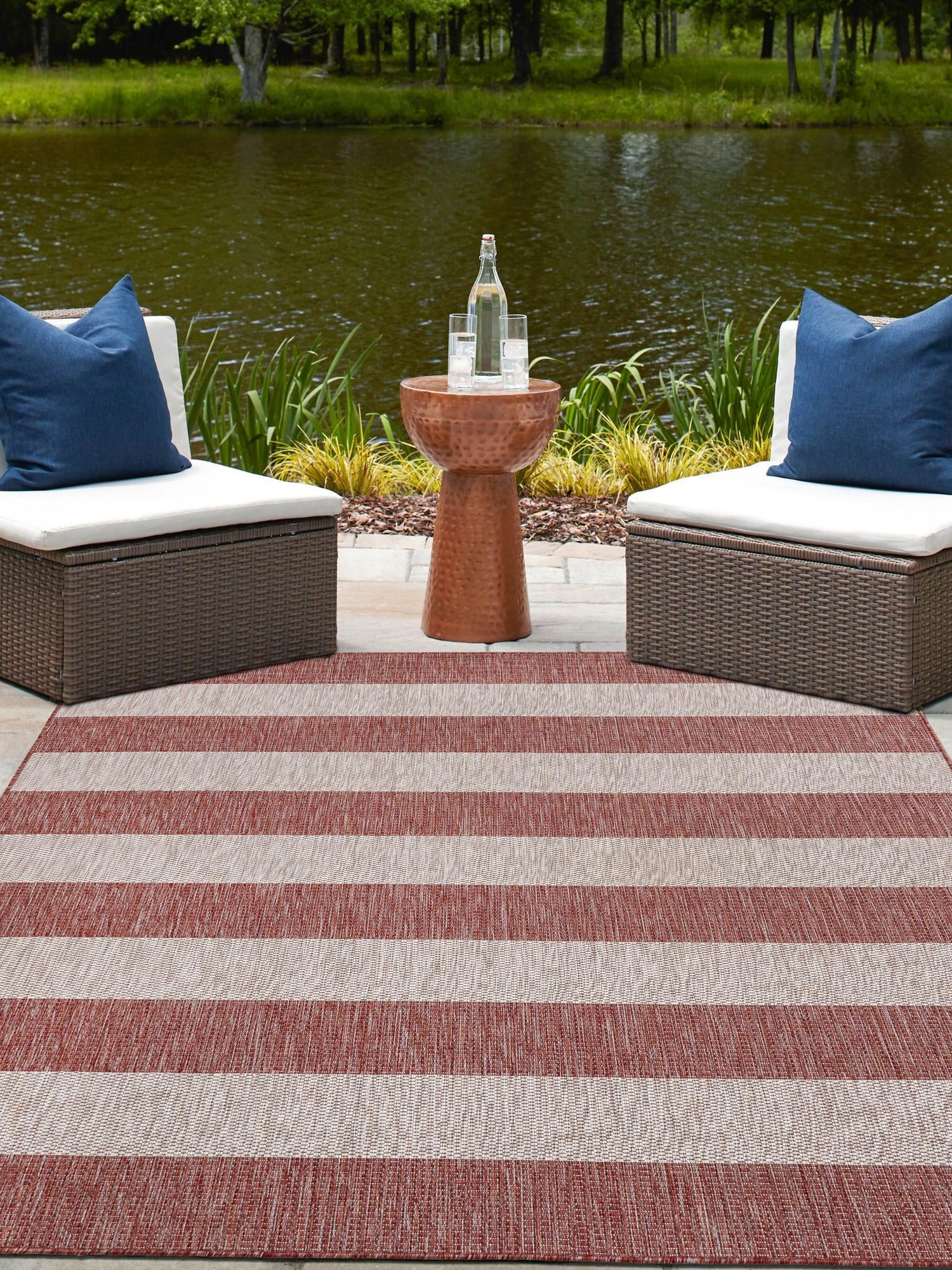 Rust Red 5' 3 x 5' 3 Outdoor Striped Square Area Rug Weather Resistant for Patio, Deck, Terrace, Balcony, Porch Geometric Pattern Waterproof Carpet for Sale at Rug Engine