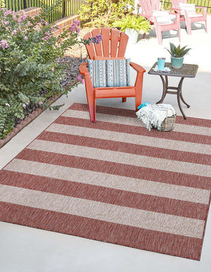 Rust Red 6' 1 x 6' 1 Outdoor Striped Square Area Rug Weather Resistant for Patio, Deck, Terrace, Balcony, Porch Geometric Pattern Waterproof Carpet for Sale at Rug Engine
