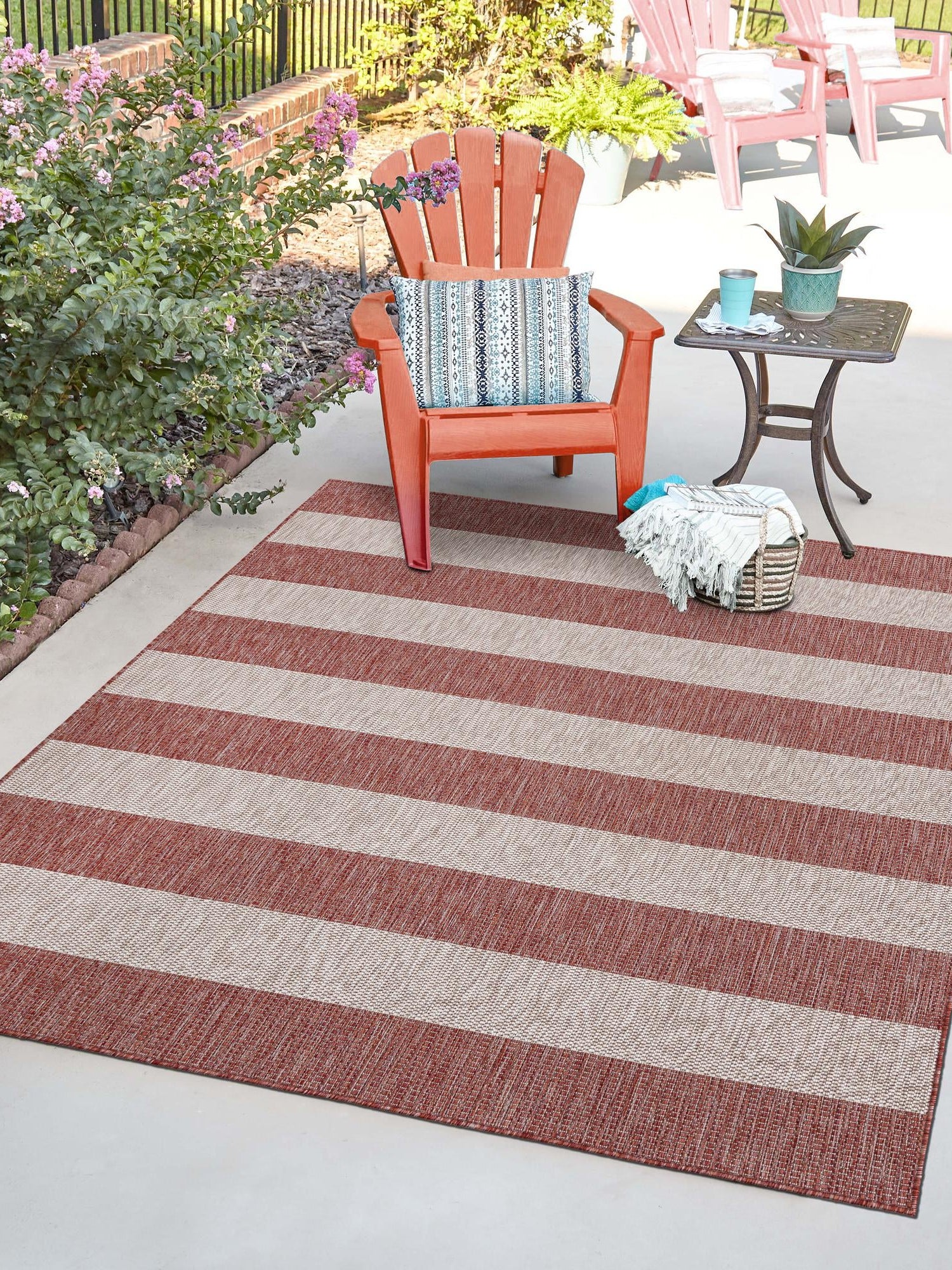Rust Red 5' 3 x 5' 3 Outdoor Striped Square Area Rug Weather Resistant for Patio, Deck, Terrace, Balcony, Porch Geometric Pattern Waterproof Carpet for Sale at Rug Engine