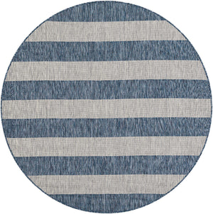 Blue 6' 1 x 6' 1 Outdoor Striped Round Area Rug Weather Resistant for Patio, Deck, Terrace, Balcony, Porch Geometric Pattern Waterproof Carpet for Sale at Rug Engine