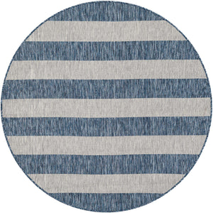 Blue 5' 3 x 5' 3 Outdoor Striped Round Area Rug Weather Resistant for Patio, Deck, Terrace, Balcony, Porch Geometric Pattern Waterproof Carpet for Sale at Rug Engine