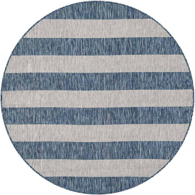 Blue 5' 3 x 5' 3 Outdoor Striped Round Area Rug Weather Resistant for Patio, Deck, Terrace, Balcony, Porch Geometric Pattern Waterproof Carpet for Sale at Rug Engine
