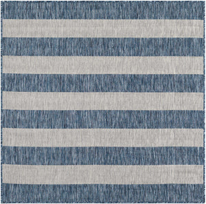 Blue 5' 3 x 5' 3 Outdoor Striped Square Area Rug Weather Resistant for Patio, Deck, Terrace, Balcony, Porch Geometric Pattern Waterproof Carpet for Sale at Rug Engine