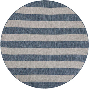 Blue 7' 10 x 7' 10 Outdoor Striped Round Area Rug Weather Resistant for Patio, Deck, Terrace, Balcony, Porch Geometric Pattern Waterproof Carpet for Sale at Rug Engine