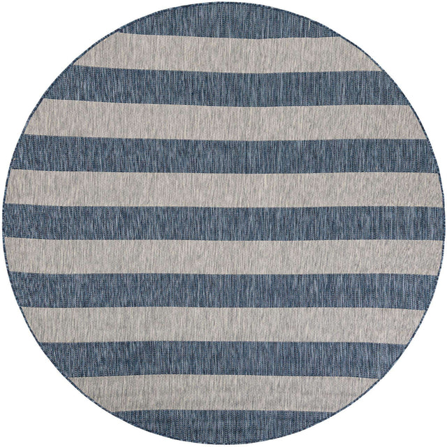 Blue 7' 10 x 7' 10 Outdoor Striped Round Area Rug Weather Resistant for Patio, Deck, Terrace, Balcony, Porch Geometric Pattern Waterproof Carpet for Sale at Rug Engine