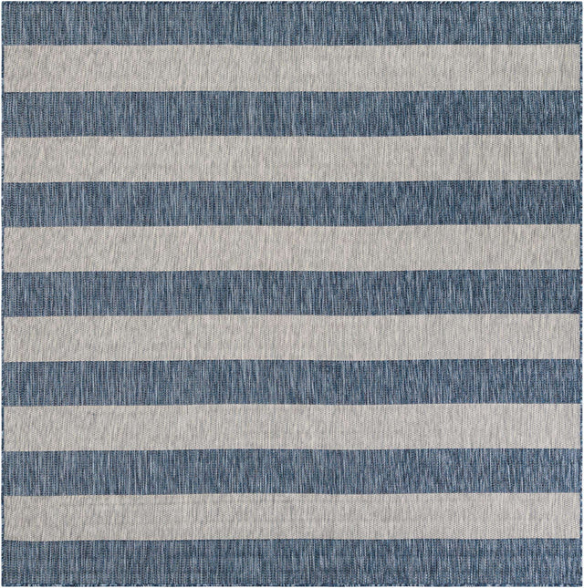 Blue 7' 10 x 7' 10 Outdoor Striped Square Area Rug Weather Resistant for Patio, Deck, Terrace, Balcony, Porch Geometric Pattern Waterproof Carpet for Sale at Rug Engine