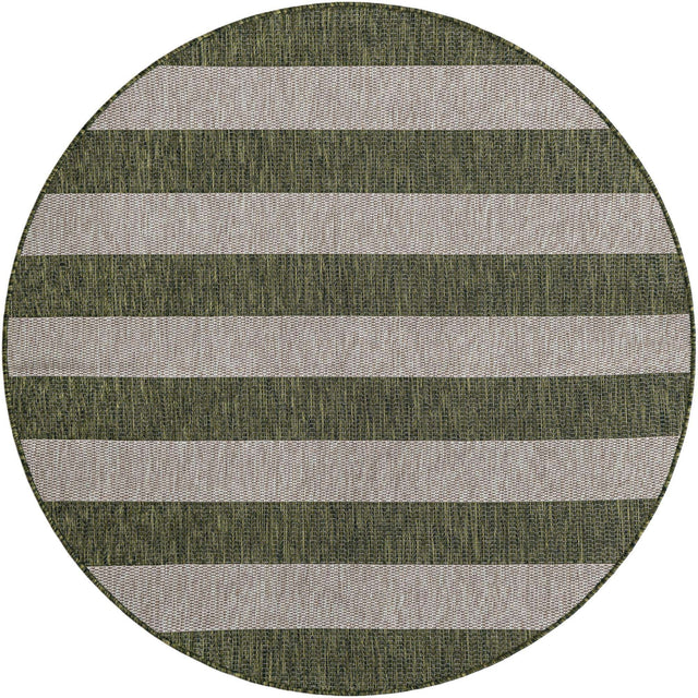 Green 5' 3 x 5' 3 Outdoor Striped Round Area Rug Weather Resistant for Patio, Deck, Terrace, Balcony, Porch Geometric Pattern Waterproof Carpet for Sale at Rug Engine