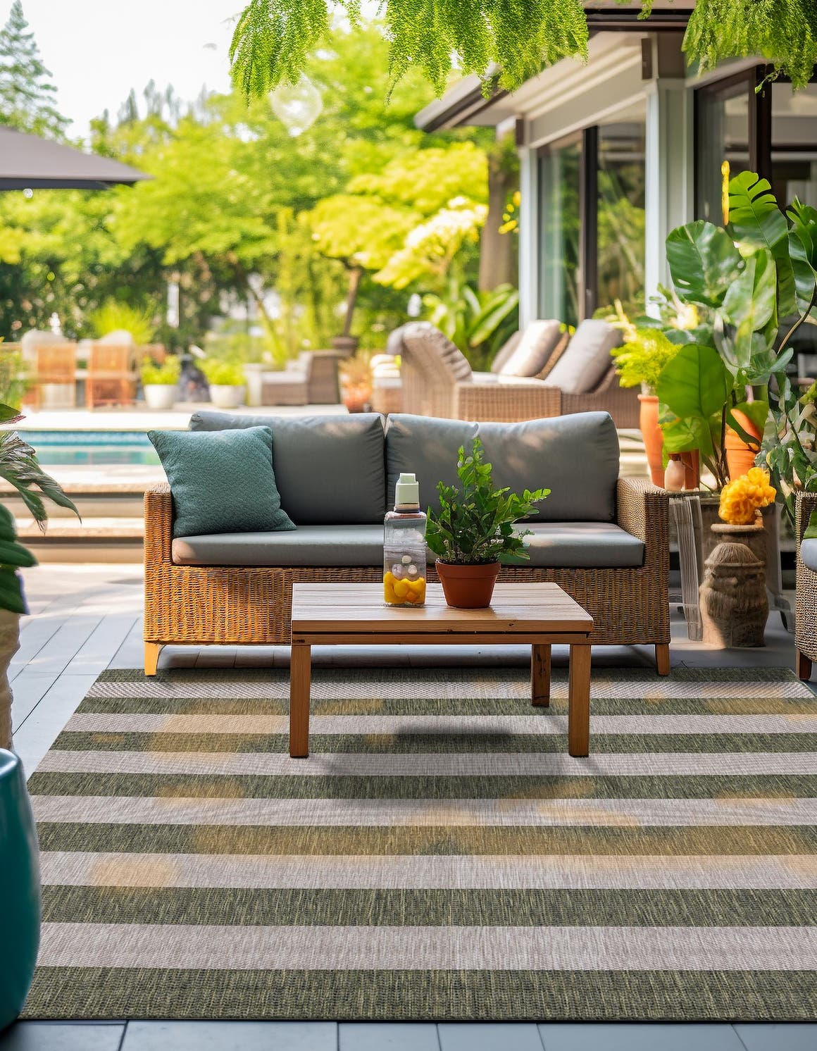 Green 7' 10 x 7' 10 Outdoor Striped Square Area Rug Weather Resistant for Patio, Deck, Terrace, Balcony, Porch Geometric Pattern Waterproof Carpet for Sale at Rug Engine
