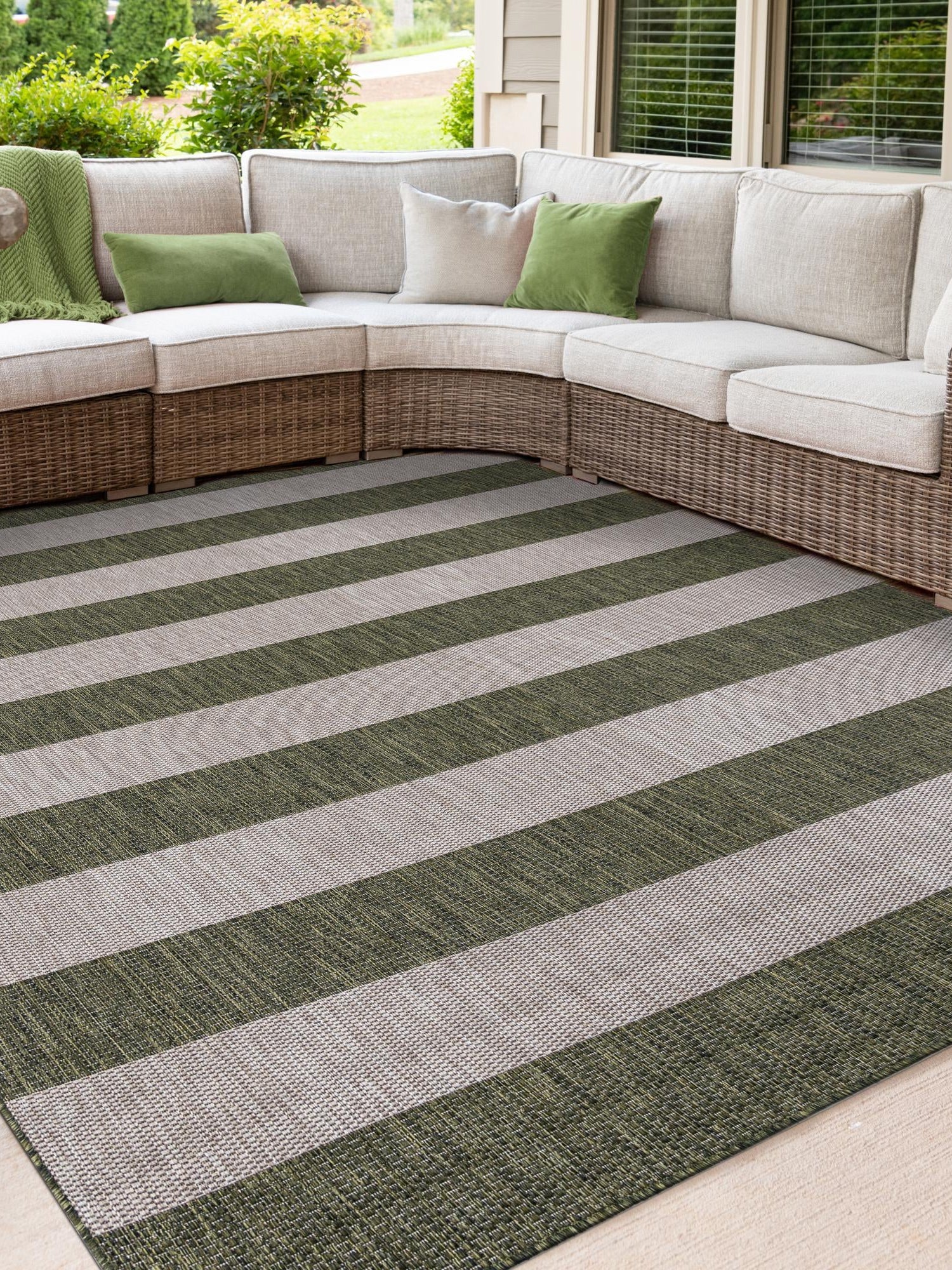Green 12' x 12' Outdoor Striped Square Area Rug Weather Resistant for Patio, Deck, Terrace, Balcony, Porch Geometric Pattern Waterproof Carpet for Sale at Rug Engine
